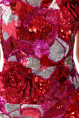 Solara Embellished Mini Dress in Red & Pink with sequin fabrication & strapless neckline detail shot
