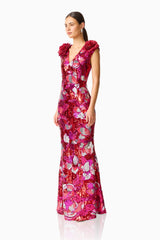 Solara Embellished Gown Dress in Red & Pink with sequin detailing side shot