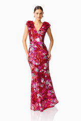 Solara Embellished Gown Dress in Red & Pink with sequin detailing posed hand on hips shot