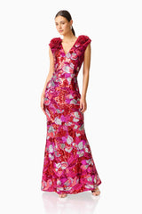 Solara Embellished Gown Dress in Red & Pink with sequin detailing side posed shot