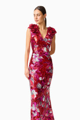 Solara Embellished Gown Dress in Red & Pink with sequin detailing close up shot