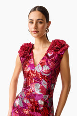 Solara Embellished Gown Dress in Red & Pink with sequin detailing close up detail shot shot