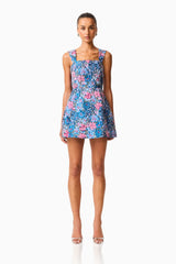 Antheris Tulip Mini Dress in Blue & Pink Floral with jacquard fabrication & square neckline front shot