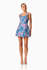 Antheris Tulip Mini Dress in Blue & Pink Floral with jacquard fabrication & square neckline posed shot