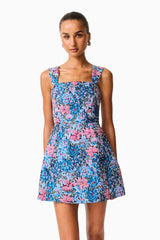 Antheris Tulip Mini Dress in Blue & Pink Floral with jacquard fabrication & square neckline close up shot