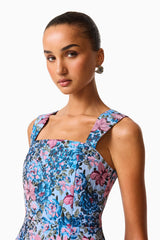 Antheris Tulip Mini Dress in Blue & Pink Floral with jacquard fabrication & square neckline close up shot