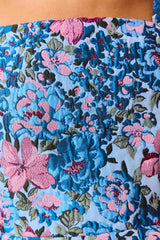 Antheris Tulip Mini Dress in Blue & Pink Floral with jacquard fabrication & square neckline detail shot