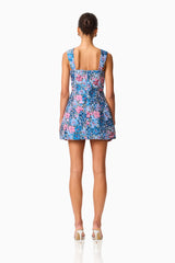 Antheris Tulip Mini Dress in Blue & Pink Floral with jacquard fabrication & square neckline back shot