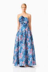 Antheris A-Line Gown in Blue & Pink Floral with jacquard fabrication & floral applique detail front shot