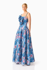 Antheris A-Line Gown in Blue & Pink Floral with jacquard fabrication & floral applique detail side shot