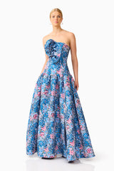 Antheris A-Line Gown in Blue & Pink Floral with jacquard fabrication & floral applique detail posed front shot
