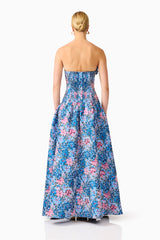Antheris A-Line Gown in Blue & Pink Floral with jacquard fabrication & back zipper back shot