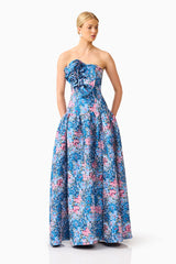 Antheris A-Line Gown in Blue & Pink Floral with jacquard fabrication & floral applique detail posed shot