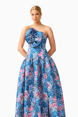 Antheris A-Line Gown in Blue & Pink Floral with jacquard fabrication & floral applique detail close up shot