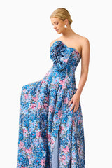 Antheris A-Line Gown in Blue & Pink Floral with jacquard fabrication & floral applique close up looking away front shot