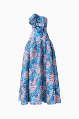 Antheris A-Line Gown in Blue & Pink Floral with jacquard fabrication & floral applique detail ghost shot