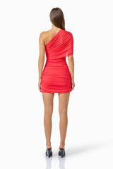 Virella Asymmetrical Mini Dress in Coral Red with ruched detailing back shot