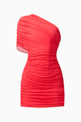 Virella Asymmetrical Mini Dress in Coral Red with ruched detailing ghost shot