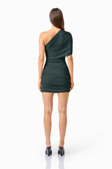 Virella Asymmetrical Mini Dress in Dark Green with asymmetrical back , back shot