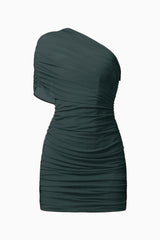 Virella Asymmetrical Mini Dress in Dark Green with ruched detailing ghost shot