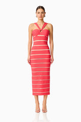 Virella Bandage Midi Dress in Coral Red with a v-neckline front shot
