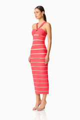 Virella Bandage Midi Dress in Coral Red with a v-neckline side shot