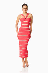 Virella Bandage Midi Dress in Coral Red with a v-neckline posed shot