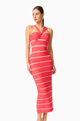 Virella Bandage Midi Dress in Coral Red with a v-neckline close up shot