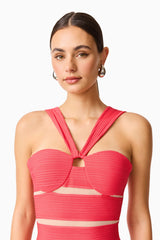 Virella Bandage Midi Dress in Coral Red with a v-neckline close up shot