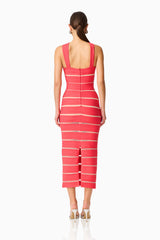 Virella Bandage Midi Dress in Coral Red with a back zipper & back slit back shot