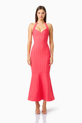 Virella Halter Gown in Coral Red with striped binding detail front shot