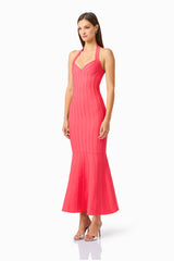 Virella Halter Gown in Coral Red with striped binding detail side shot