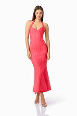 Virella Halter Gown in Coral Red with striped binding detail posed shot
