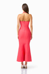 Virella Halter Gown in Coral Red with striped binding detail back shot