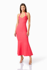 Virella Halter Gown in Coral Red with striped binding detail front posed shot