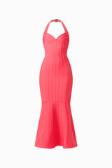 Virella Halter Gown in Coral Red with striped binding detail ghost shot