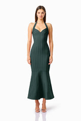 Virella Halter Gown in Dark Green with a v-neckline & mermaid skirt front shot