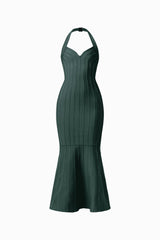Virella Halter Gown in Dark Green with a v-neckline & mermaid skirt posed shot