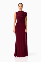 Tuloria Sash Gown in Burgundy Red with draped sash front shot