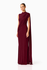 Tuloria Sash Gown in Burgundy Red with draped sash side shot