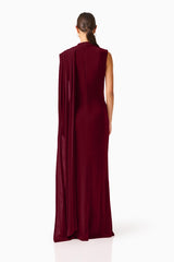 Tuloria Sash Gown in Burgundy Red with draped sash back shot