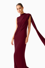 Tuloria Sash Gown in Burgundy Red with draped sash front posed shot