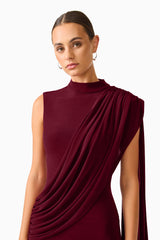 Tuloria Sash Gown in Burgundy Red with draped sash close up shot