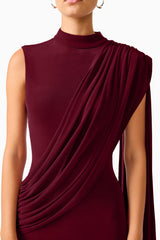Tuloria Sash Gown in Burgundy Red with draped sash detail shot