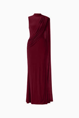 Tuloria Sash Gown in Burgundy Red with draped sash ghost shot