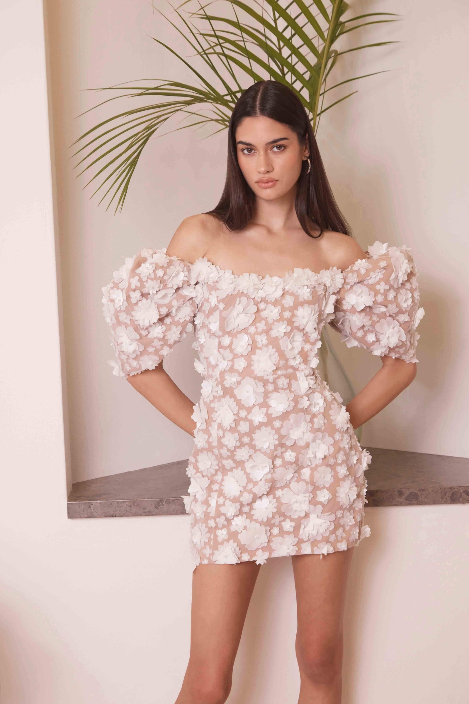 nouveau fleur mini dress with train Bluebell Off The Shoulder Mini Dress in White