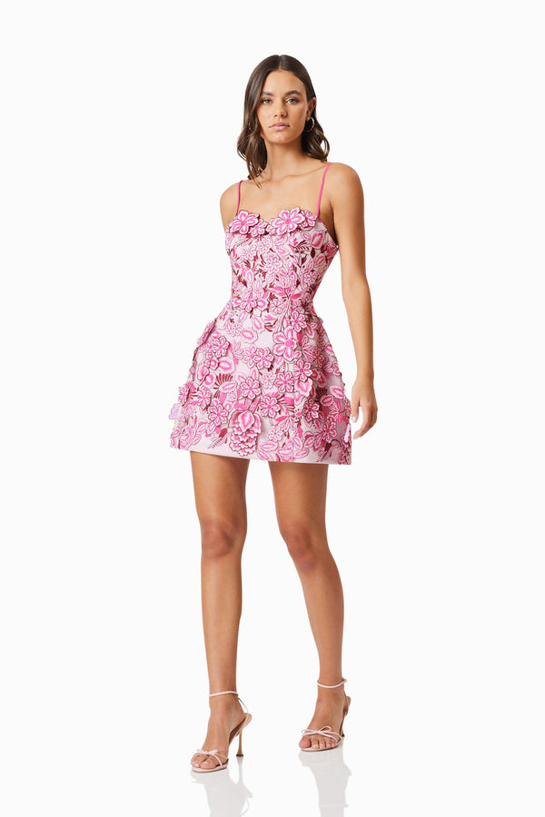 Brunette model wearing Roseate Floral Mini Dress In Pink posed shot