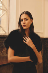 Brunette model wearing the Lucyna Short Sleeve Bolero in Black Campaign Shot