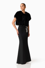 Brunette model wearing the Lucyna Short Sleeve Bolero in Black Posed Shot