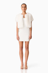 Brunette model wearing the Lucyna Short Sleeve Bolero in White Front Shot